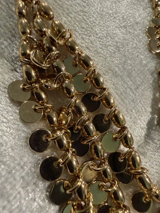 Gold Tone Layered Disc Necklace with Cascading Charms - Picture 5 of 11